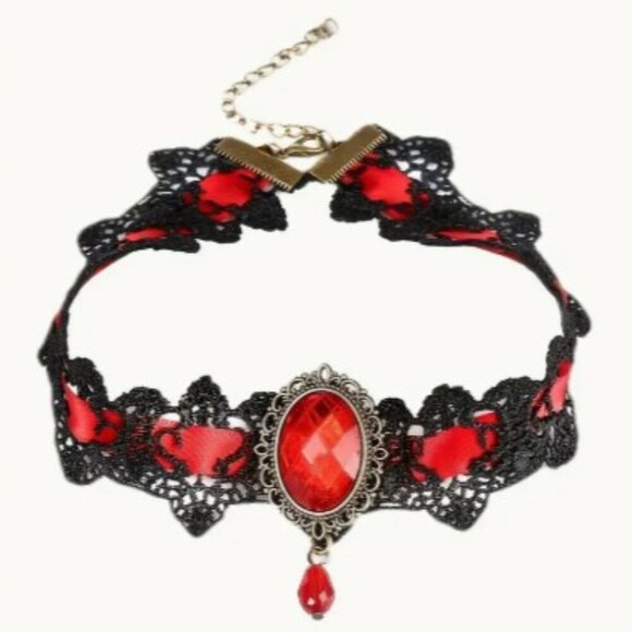 Gothic Teardrop Punk Choker Lace Necklace Vintage Style Red Black Clavicle Chain - Picture 2 of 9